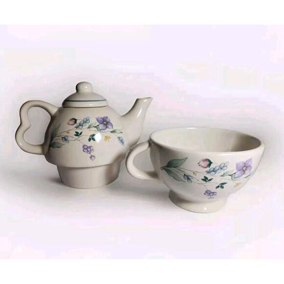 Vintage Pfaltzgraff April Floral Stoneware Nesting Stackable Tea Pot & Mug Set - Picture 2 of 12